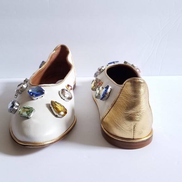 Tory Burch Crystal-Embellished Leather Flat Ballet Ivory Gold Size 9.5 - Picture 8 of 13